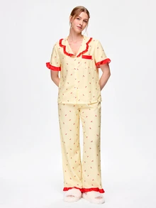 Bonmuse Fresh Plaid Cherry Fruit Print Collared Ruffle Short Sleeve Long Pants Women's Pajama Set - Yellow - View 1