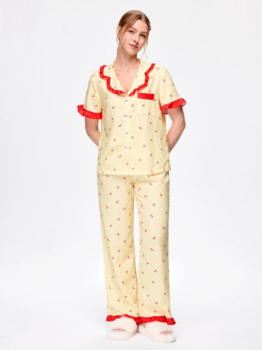 Bonmuse Fresh Plaid Cherry Fruit Print Collared Ruffle Short Sleeve Long Pants Women's Pajama Set - Yellow - View 1