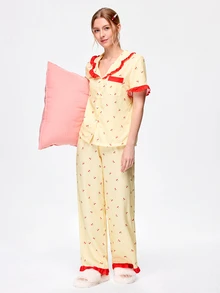 Bonmuse Fresh Plaid Cherry Fruit Print Collared Ruffle Short Sleeve Long Pants Women's Pajama Set - Yellow - View 5