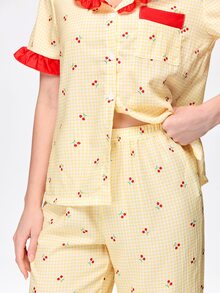 Bonmuse Fresh Plaid Cherry Fruit Print Collared Ruffle Short Sleeve Long Pants Women's Pajama Set - Yellow - View 7