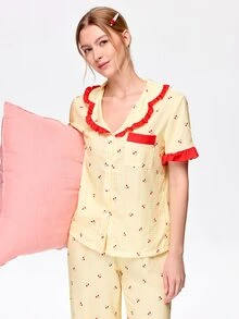 Bonmuse Fresh Plaid Cherry Fruit Print Collared Ruffle Short Sleeve Long Pants Women's Pajama Set - Yellow - View 6