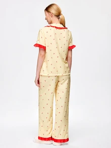 Bonmuse Fresh Plaid Cherry Fruit Print Collared Ruffle Short Sleeve Long Pants Women's Pajama Set - Yellow - View 2
