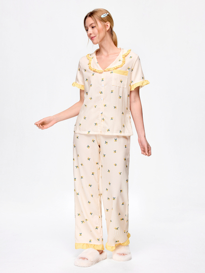 Bonmuse New Plaid Print Short Sleeve Long Pants Women's Pajama Set