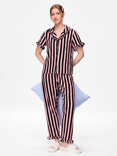 Bonmuse 2pcs Women's Pajama Set, Elegant Ruffle Short Sleeve Long Pants Pajama Set, Open Front Lapel Comfortable Sleepwear - Soft Short Sleeve Button-Up Top And Elastic Waist Long Pants, Casual Loungewear