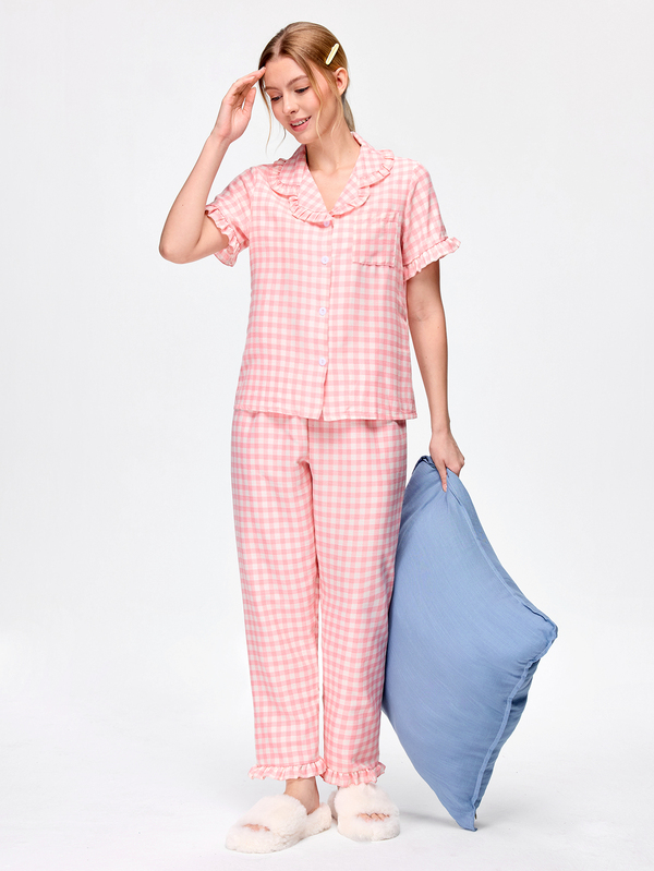 Bonmuse 2pcs Women's Pajama Set, Elegant Ruffle Short Sleeve Long Pants Pajama Set, Open Front Lapel Comfortable Pajamas - Soft Short Sleeve Button-Up Top And Elastic Waist Long Pants, Casual Loungewear