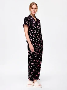 Bonmuse 2pcs/Set Women's Pajama Set, Elegant Ruffle Trim Short Sleeve Long Pants Pajama Set, Open Front Lapel Comfortable Pajamas - Soft Short Sleeve Button Up Top And Elastic Waist Long Pants, Casual Loungewear - Multicolor - View 4
