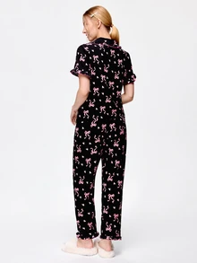 Bonmuse 2pcs/Set Women's Pajama Set, Elegant Ruffle Trim Short Sleeve Long Pants Pajama Set, Open Front Lapel Comfortable Pajamas - Soft Short Sleeve Button Up Top And Elastic Waist Long Pants, Casual Loungewear - Multicolor - View 2
