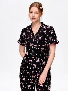 Bonmuse 2pcs/Set Women's Pajama Set, Elegant Ruffle Trim Short Sleeve Long Pants Pajama Set, Open Front Lapel Comfortable Pajamas - Soft Short Sleeve Button Up Top And Elastic Waist Long Pants, Casual Loungewear - Multicolor - View 5