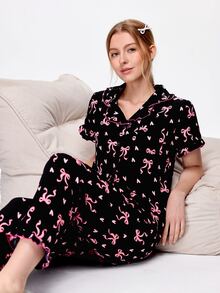 Bonmuse 2pcs/Set Women's Pajama Set, Elegant Ruffle Trim Short Sleeve Long Pants Pajama Set, Open Front Lapel Comfortable Pajamas - Soft Short Sleeve Button Up Top And Elastic Waist Long Pants, Casual Loungewear - Multicolor - View 8
