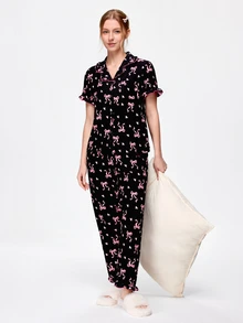 Bonmuse 2pcs/Set Women's Pajama Set, Elegant Ruffle Trim Short Sleeve Long Pants Pajama Set, Open Front Lapel Comfortable Pajamas - Soft Short Sleeve Button Up Top And Elastic Waist Long Pants, Casual Loungewear - Multicolor - View 7