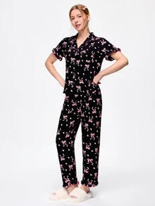 Bonmuse 2pcs/Set Women's Pajama Set, Elegant Ruffle Trim Short Sleeve Long Pants Pajama Set, Open Front Lapel Comfortable Pajamas - Soft Short Sleeve Button Up Top And Elastic Waist Long Pants, Casual Loungewear - Multicolor - View 1