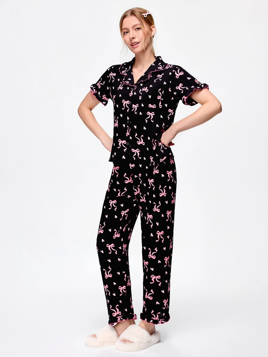 Bonmuse 2pcs/Set Women's Pajama Set, Elegant Ruffle Trim Short Sleeve Long Pants Pajama Set, Open Front Lapel Comfortable Pajamas - Soft Short Sleeve Button Up Top And Elastic Waist Long Pants, Casual Loungewear - Multicolor - View 1