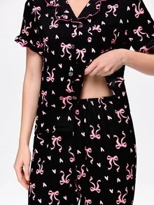 Bonmuse 2pcs/Set Women's Pajama Set, Elegant Ruffle Trim Short Sleeve Long Pants Pajama Set, Open Front Lapel Comfortable Pajamas - Soft Short Sleeve Button Up Top And Elastic Waist Long Pants, Casual Loungewear - Multicolor - View 6