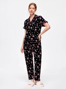 Bonmuse 2pcs/Set Women's Pajama Set, Elegant Ruffle Trim Short Sleeve Long Pants Pajama Set, Open Front Lapel Comfortable Pajamas - Soft Short Sleeve Button Up Top And Elastic Waist Long Pants, Casual Loungewear - Multicolor - View 3