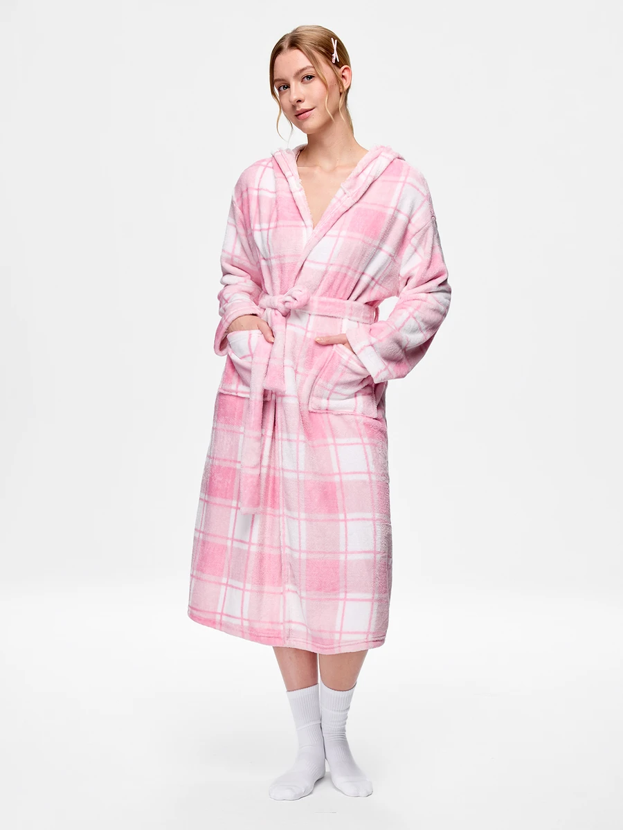 Bonmuse Autumn/Winter Plush Hooded Plaid Women's Loungewear Robe - Pink - View 1