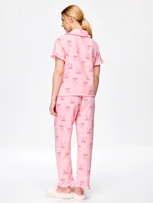Bonmuse 2pcs Women's Pajama Set, Elegant Ruffle Short Sleeve Long Pants Pajama Set, Button-Down Lapel Comfortable Pajamas - Soft Short Sleeve Button-Up Top And Elastic Waist Long Pants, Casual Loungewear - Multicolor - View 2
