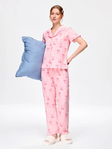 Bonmuse 2pcs Women's Pajama Set, Elegant Ruffle Short Sleeve Long Pants Pajama Set, Button-Down Lapel Comfortable Pajamas - Soft Short Sleeve Button-Up Top And Elastic Waist Long Pants, Casual Loungewear - Multicolor - View 1