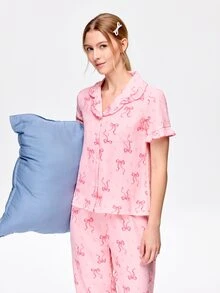 Bonmuse 2pcs Women's Pajama Set, Elegant Ruffle Short Sleeve Long Pants Pajama Set, Button-Down Lapel Comfortable Pajamas - Soft Short Sleeve Button-Up Top And Elastic Waist Long Pants, Casual Loungewear - Multicolor - View 6