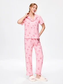 Bonmuse 2pcs Women's Pajama Set, Elegant Ruffle Short Sleeve Long Pants Pajama Set, Button-Down Lapel Comfortable Pajamas - Soft Short Sleeve Button-Up Top And Elastic Waist Long Pants, Casual Loungewear - Multicolor - View 5