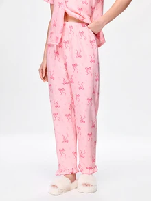 Bonmuse 2pcs Women's Pajama Set, Elegant Ruffle Short Sleeve Long Pants Pajama Set, Button-Down Lapel Comfortable Pajamas - Soft Short Sleeve Button-Up Top And Elastic Waist Long Pants, Casual Loungewear - Multicolor - View 8