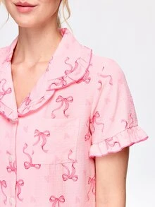 Bonmuse 2pcs Women's Pajama Set, Elegant Ruffle Short Sleeve Long Pants Pajama Set, Button-Down Lapel Comfortable Pajamas - Soft Short Sleeve Button-Up Top And Elastic Waist Long Pants, Casual Loungewear - Multicolor - View 3