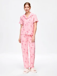 Bonmuse 2pcs Women's Pajama Set, Elegant Ruffle Short Sleeve Long Pants Pajama Set, Button-Down Lapel Comfortable Pajamas - Soft Short Sleeve Button-Up Top And Elastic Waist Long Pants, Casual Loungewear - Multicolor - View 4
