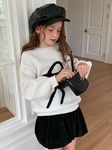 DAZY Girls (Big) Bowknot Round Neck Long Sleeve Casual Loose Fit All-Match Solid Color Versatile Sweater - Beige - View 2