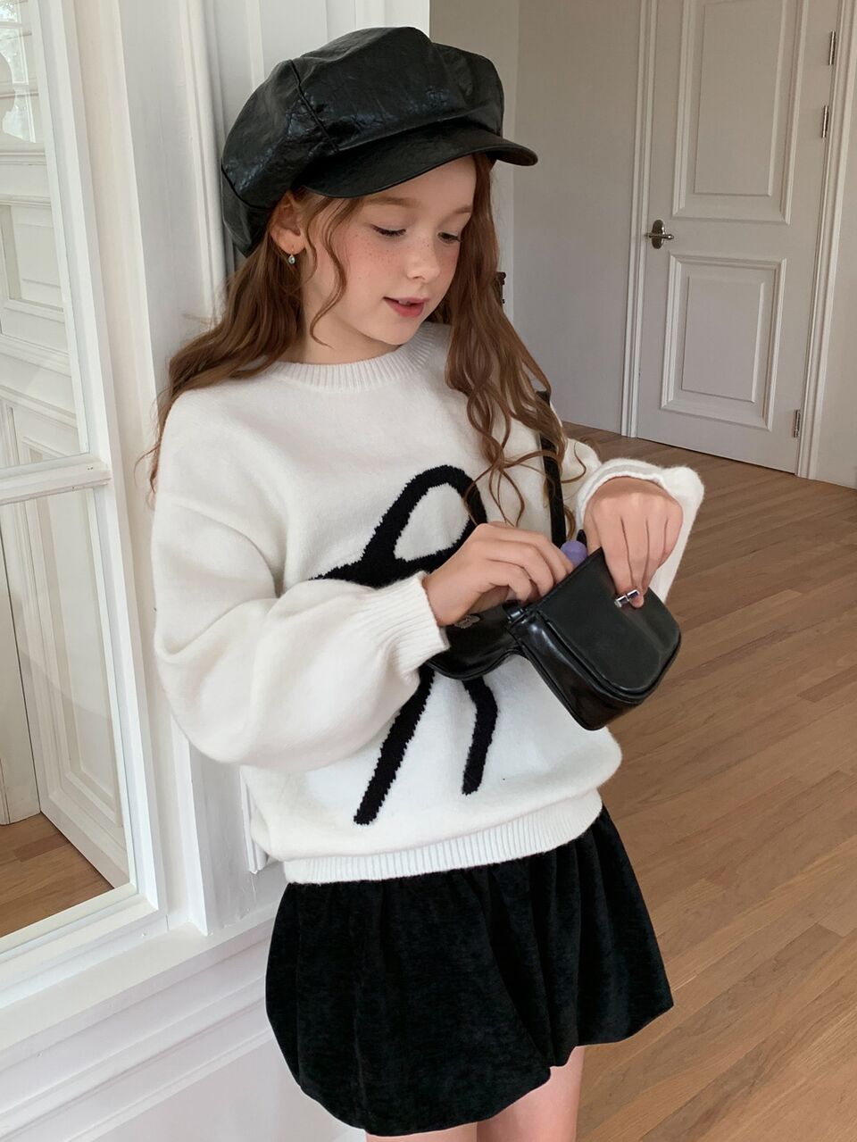Girls (Big) Bowknot Round Neck Long Sleeve Casual Loose Fit All-Match Solid Color Versatile Sweater