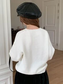 DAZY Girls (Big) Bowknot Round Neck Long Sleeve Casual Loose Fit All-Match Solid Color Versatile Sweater - Beige - View 6