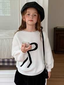 DAZY Girls (Big) Bowknot Round Neck Long Sleeve Casual Loose Fit All-Match Solid Color Versatile Sweater - Beige - View 3