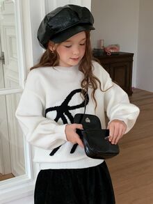 DAZY Girls (Big) Bowknot Round Neck Long Sleeve Casual Loose Fit All-Match Solid Color Versatile Sweater - Beige - View 8