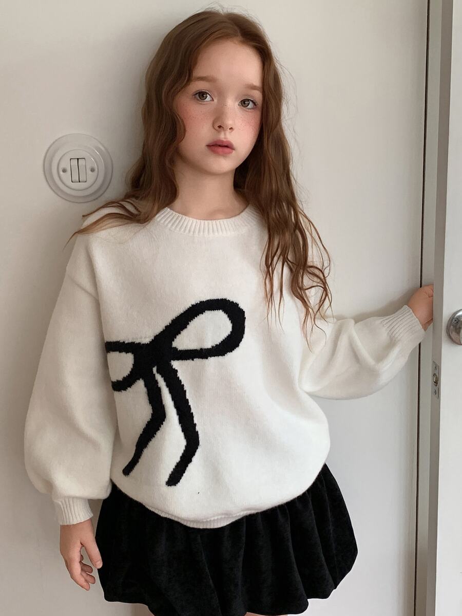 DAZY Girls (Big) Bowknot Round Neck Long Sleeve Casual Loose Fit All-Match Solid Color Versatile Sweater - Beige - View 1