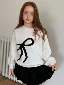 DAZY Girls (Big) Bowknot Round Neck Long Sleeve Casual Loose Fit All-Match Solid Color Versatile Sweater - Beige - View 7