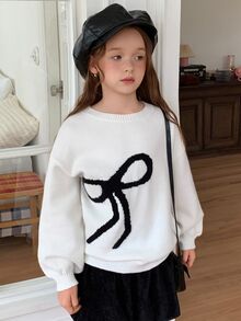DAZY Girls (Big) Bowknot Round Neck Long Sleeve Casual Loose Fit All-Match Solid Color Versatile Sweater - Beige - View 9