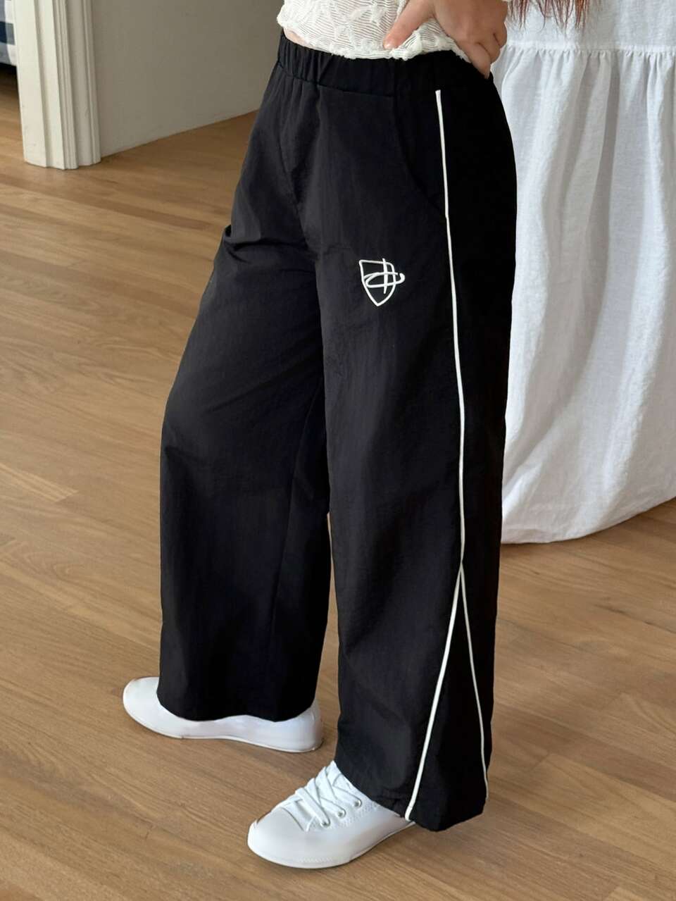 Girls (Big) Black Casual Sports Patchwork Embroidered New Hot-Selling Straight Leg Long Pants, Autumn