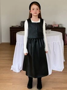 DAZY Set Rompi dan Rok Kulit Hitam untuk Remaja Perempuan - Hitam - View 4