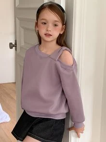DAZY Tween Girl (Big) Purple Loose Thermal Lined Long Sleeve Off-Shoulder Bow Decor Knitted Sweatshirt, Autumn/Winter - Purple - View 5