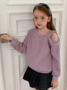 DAZY Tween Girl (Big) Purple Loose Thermal Lined Long Sleeve Off-Shoulder Bow Decor Knitted Sweatshirt, Autumn/Winter - Purple - View 7
