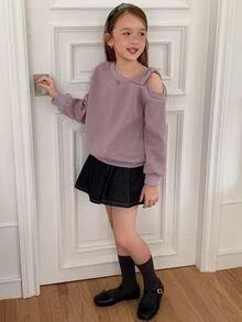 DAZY Tween Girl (Big) Purple Loose Thermal Lined Long Sleeve Off-Shoulder Bow Decor Knitted Sweatshirt, Autumn/Winter - Purple - View 1