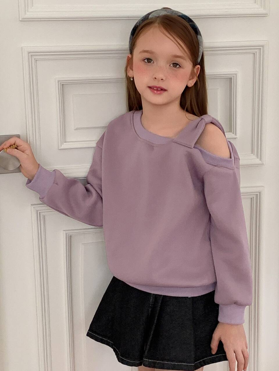 Tween Girl (Big) Purple Loose Thermal Lined Long Sleeve Off-Shoulder Bow Decor Knitted Sweatshirt, Autumn/Winter