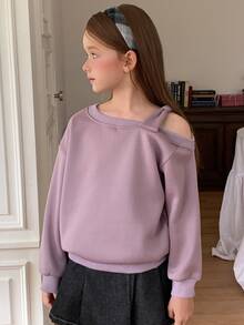 DAZY Tween Girl (Big) Purple Loose Thermal Lined Long Sleeve Off-Shoulder Bow Decor Knitted Sweatshirt, Autumn/Winter - Purple - View 2