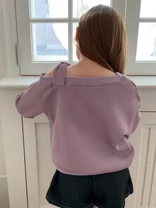 DAZY Tween Girl (Big) Purple Loose Thermal Lined Long Sleeve Off-Shoulder Bow Decor Knitted Sweatshirt, Autumn/Winter - Purple - View 8