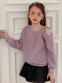 DAZY Tween Girl (Big) Purple Loose Thermal Lined Long Sleeve Off-Shoulder Bow Decor Knitted Sweatshirt, Autumn/Winter - Purple - View 6