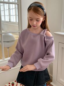 DAZY Tween Girl (Big) Purple Loose Thermal Lined Long Sleeve Off-Shoulder Bow Decor Knitted Sweatshirt, Autumn/Winter - Purple - View 4