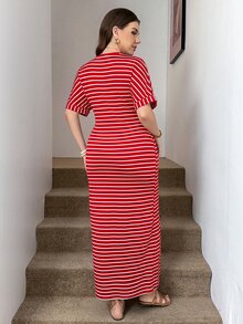 Easowa Curve 大尺碼女款紅白配色圓領短袖開衩下擺休閒束腰優雅洋裝，適合度假、正式場合、夏季早午餐 - 紅白色 - 查看 2