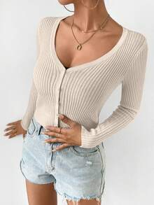 EMERY ROSE Women's Slim Fit V-Neck Cardigan With Single-Breasted Button,Long Sleeve Tops Fall Winter Cloth For Women - Apricot - View 8