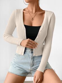 EMERY ROSE Women's Slim Fit V-Neck Cardigan With Single-Breasted Button,Long Sleeve Tops Fall Winter Cloth For Women - Apricot - View 4