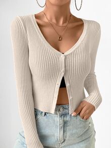 EMERY ROSE Women's Slim Fit V-Neck Cardigan With Single-Breasted Button,Long Sleeve Tops Fall Winter Cloth For Women - Apricot - View 7
