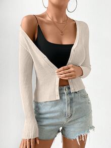 EMERY ROSE Women's Slim Fit V-Neck Cardigan With Single-Breasted Button,Long Sleeve Tops Fall Winter Cloth For Women - Apricot - View 6