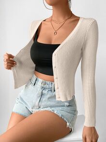 EMERY ROSE Women's Slim Fit V-Neck Cardigan With Single-Breasted Button,Long Sleeve Tops Fall Winter Cloth For Women - Apricot - View 5